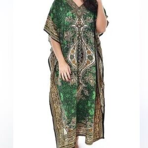 Unique Kaftan V-Neck Kimono Green and Gold Patterned OSFM